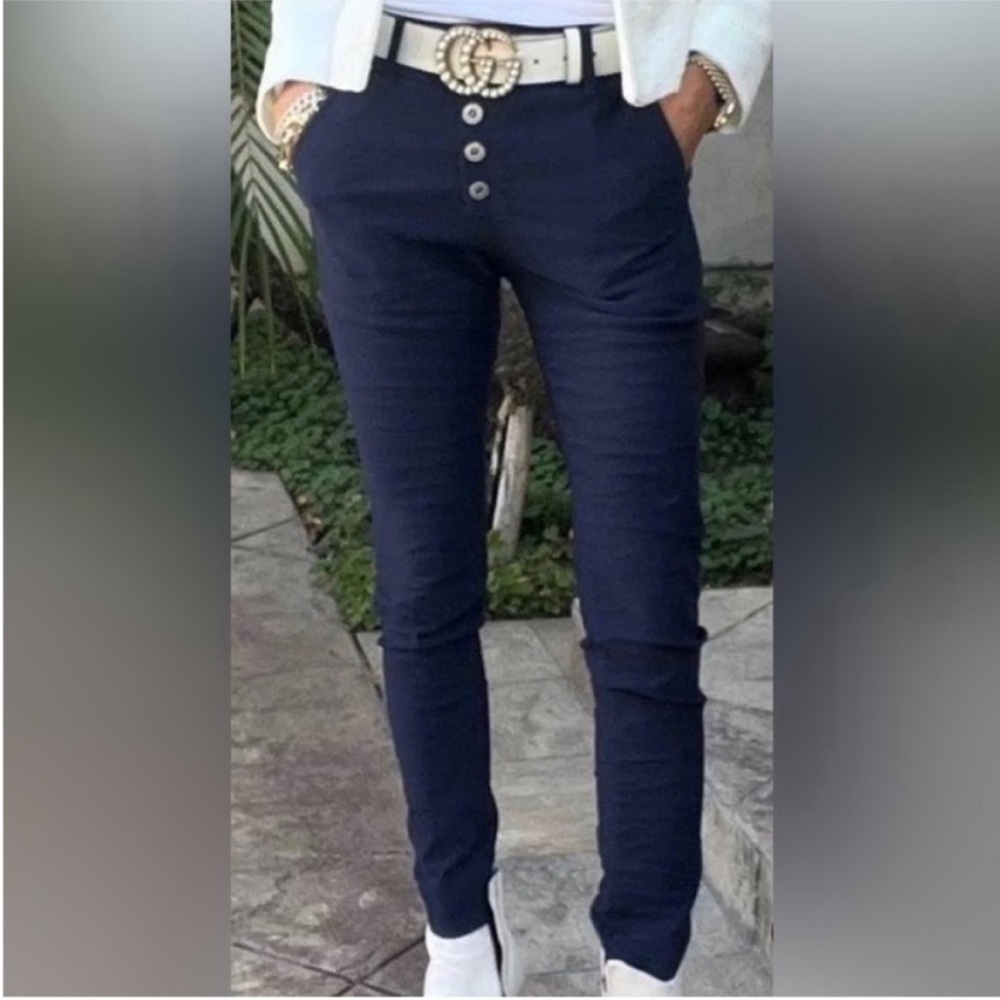 Bevy Flog Ronit Wide Leg Button Fly Pant Navy Blue Micro Stripe Sz 24